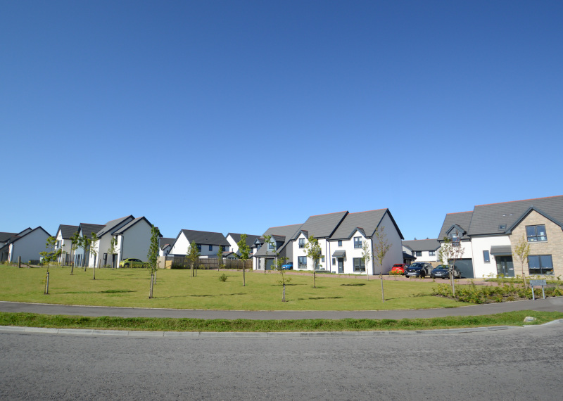 Streetscape of new build homes in South Glassgreen, part of Elgin South.